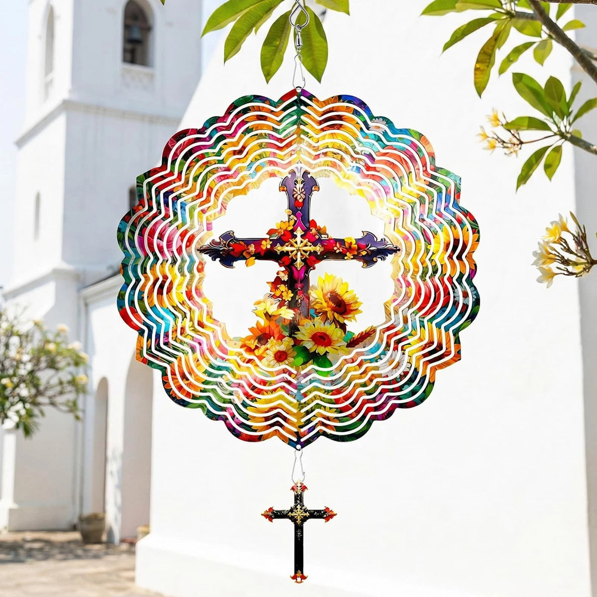 Cross Wind Spinners for Outdoor Hanging (12 Inch 3D Cross & Sunflower)