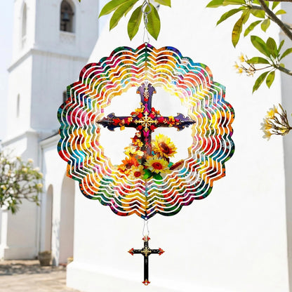 Cross Wind Spinners for Outdoor Hanging (12 Inch 3D Cross & Sunflower)