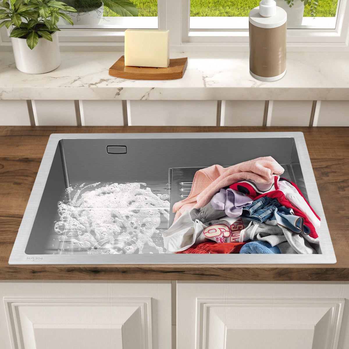 Stainless Steel Laundry Sink with Washboard for Utility Kitchen