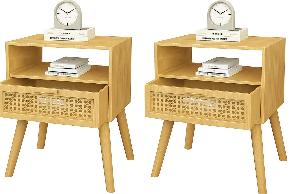 Wooden Nightstand with Rattan Door for Mid Century Style