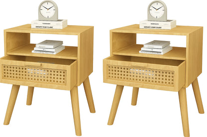 Wooden Nightstand with Rattan Door for Mid Century Style