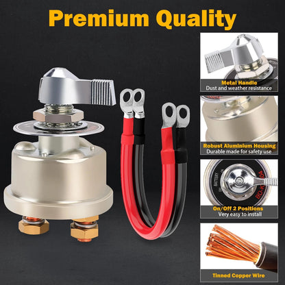 200A Battery Disconnect Switch with 4 AWG Cables for Car RV Truck Boat