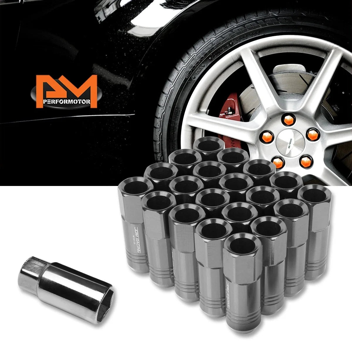 Set of 20 M12X1.25 Gunmetal JDM Open End Conical Wheel Lug Nuts + Extensions 20mm