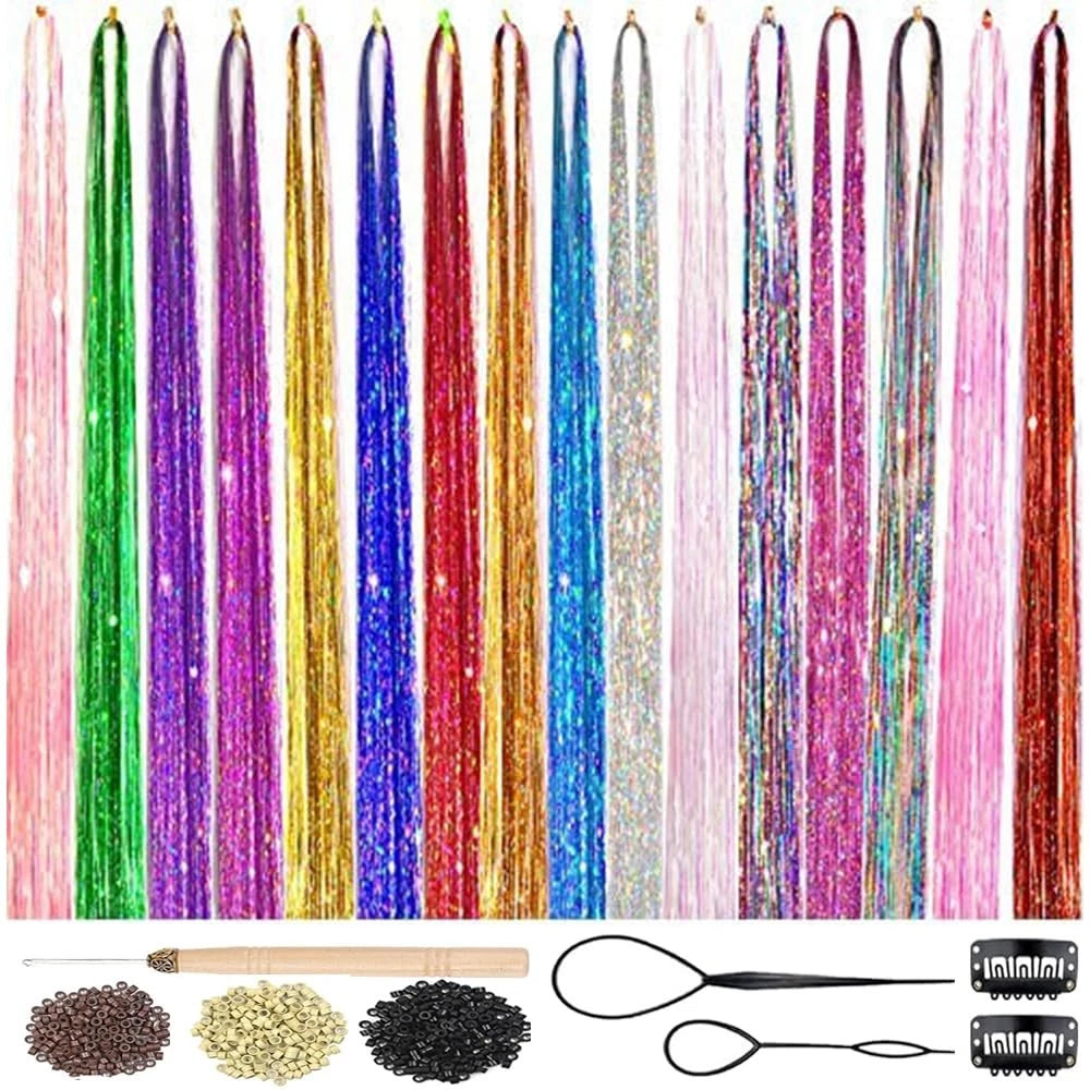 Hair Tinsel Kit 16 Colors 3500 Strands 48 Inch for Hair Styling