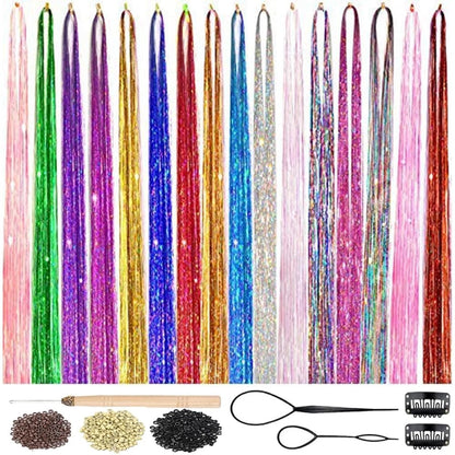 Hair Tinsel Kit 16 Colors 3500 Strands 48 Inch for Hair Styling