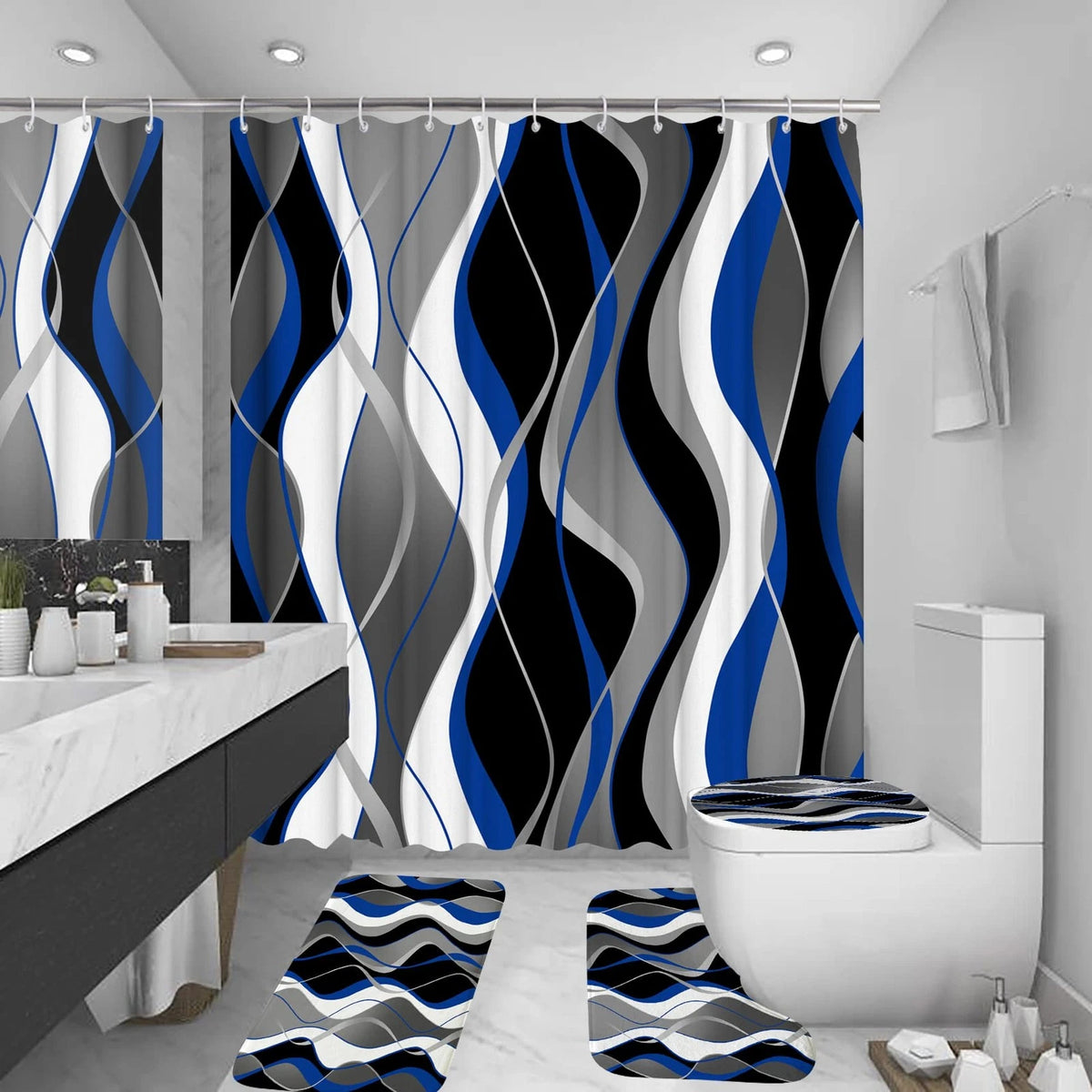 4Pcs Blue Shower Curtain Set 72"W x 72"L