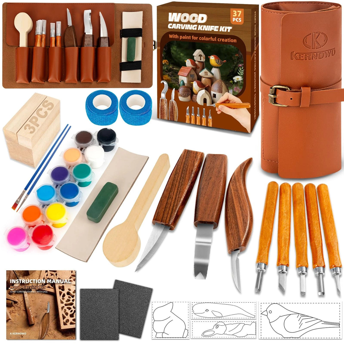 37-Piece Wood Carving Kit with 12 Color Paint