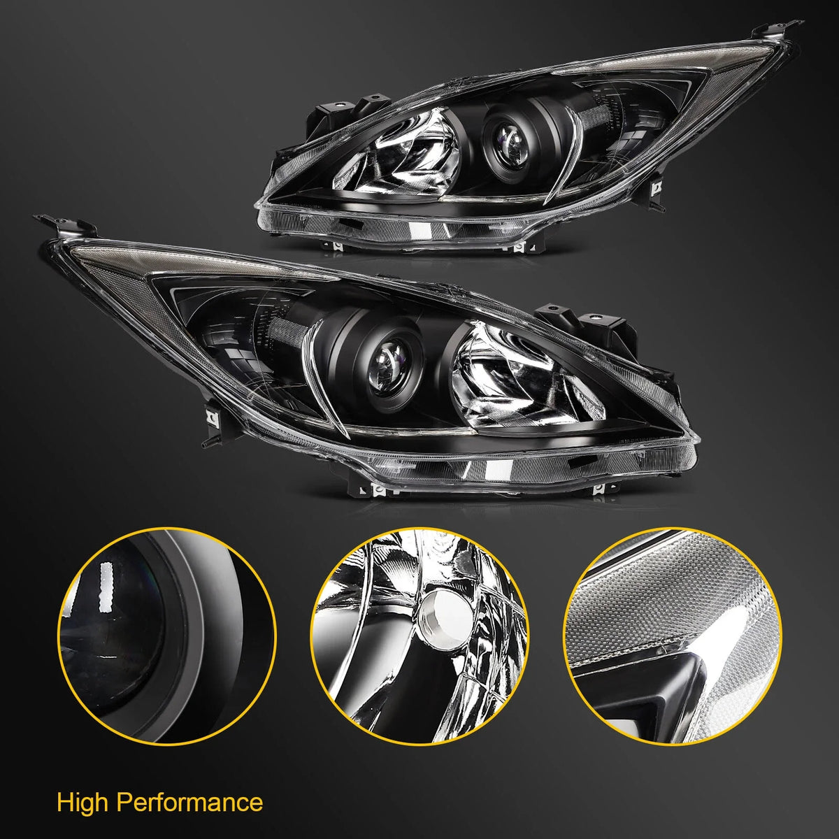 Headlight Assembly Pair for Mazda 3 (2010–2013) Black Housing