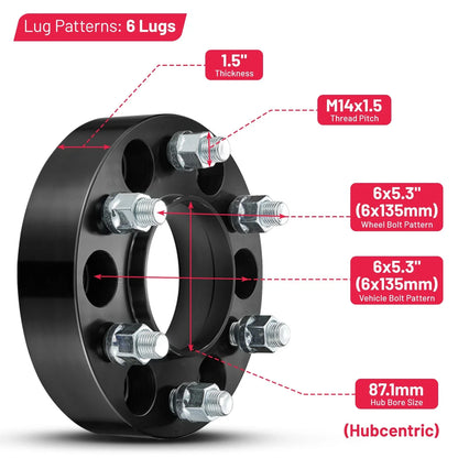 1.5 Inch 6x135 Hubcentric Wheel Spacers for 2015–2024 Ford F-150 (14x1.5)