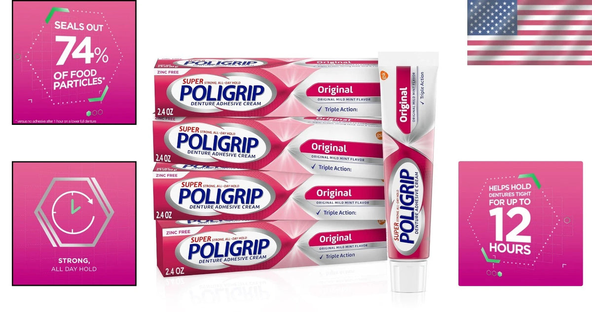 Set of 4 Super Poligrip Zinc Free Denture Adhesive Cream (2.4 oz)