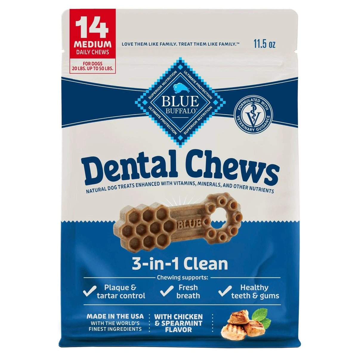 14 Count Blue Buffalo Medium Dental Chews for Dogs Daily Dental Care