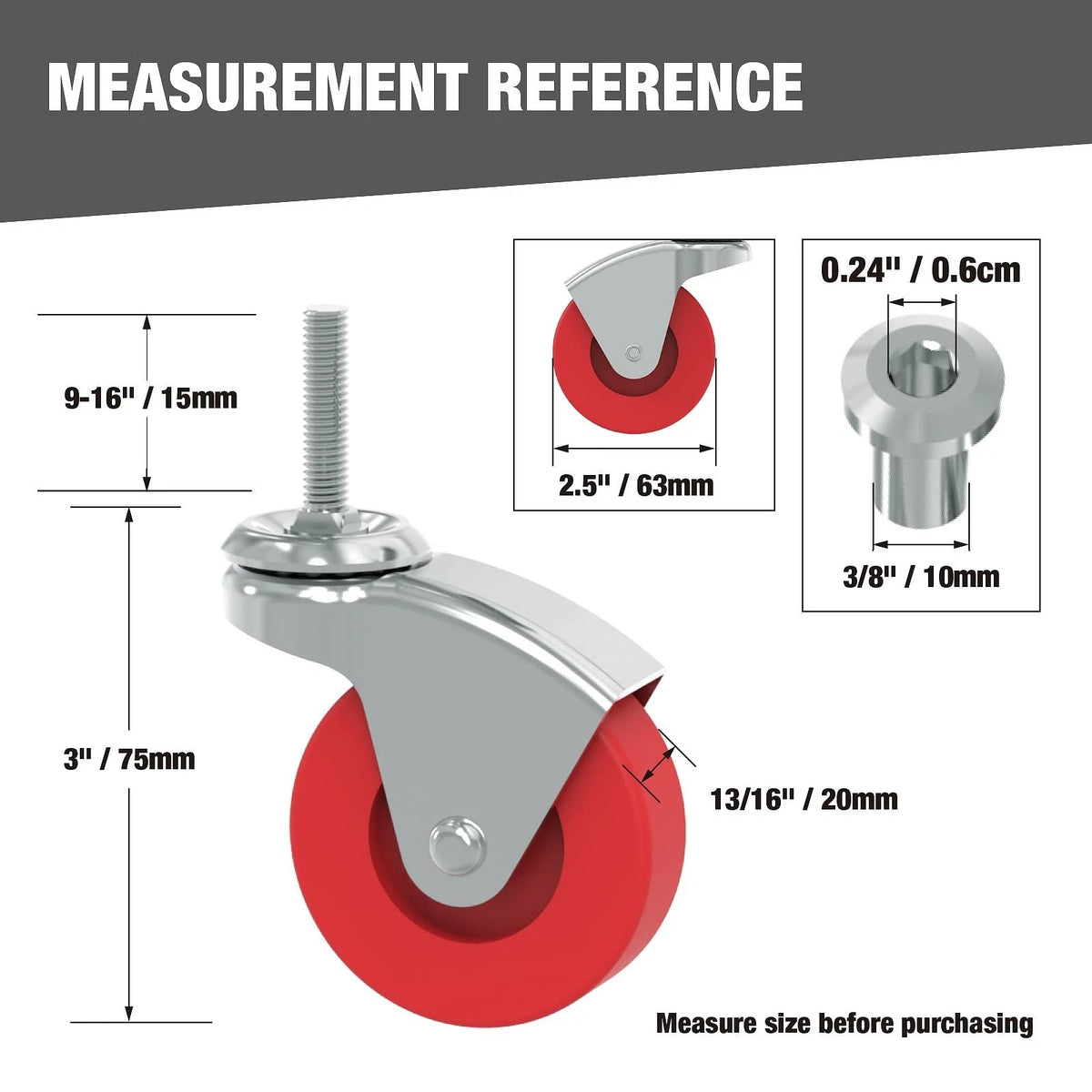 Set of 6 2.5 Inch Stem Caster Wheels for Heavy Duty Applications