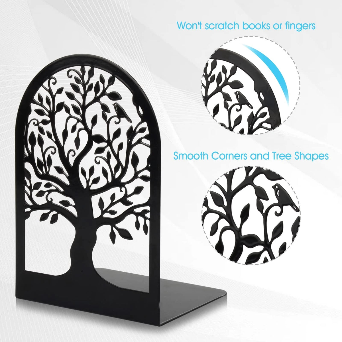 Set of 3 Metal Bookends for Shelves - Decorative Black Finish