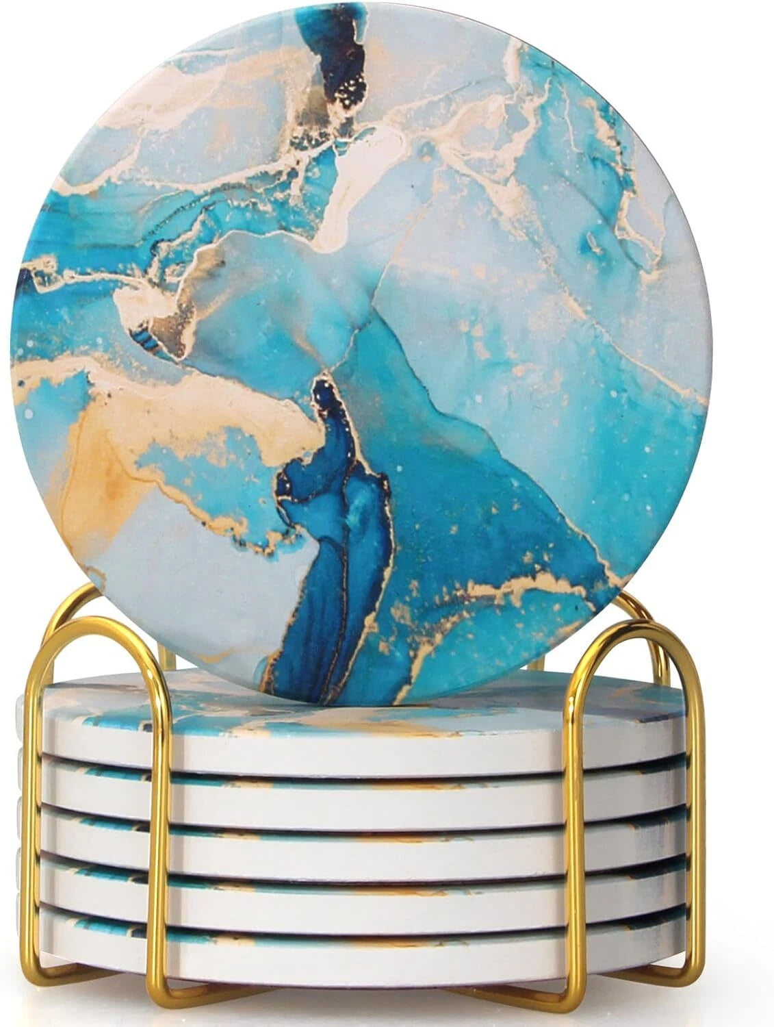 Set of 6 Blue Marble Abstract Ceramic Coasters with Holder