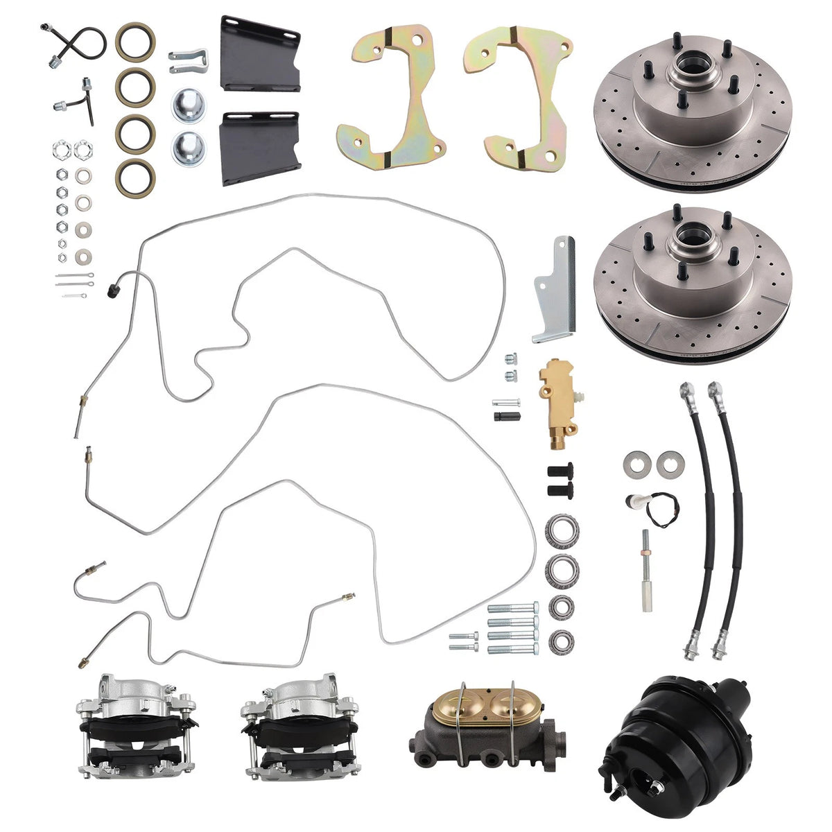 Brake Disc Conversion Kit for Chevy Bel Air/Biscayne/Brookwood (1959–1964) H8TR9E, 7" Brake Booster & Master Cylinder Assembly, Front Brake Hard Lines