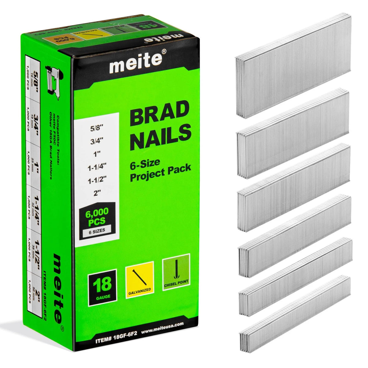 18 Gauge Brad Nails Set of 6 Sizes (5/8", 6,000 Pcs)