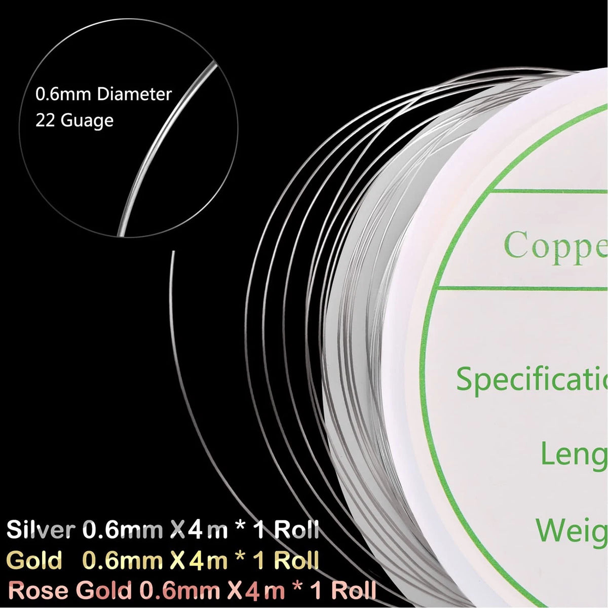 3 Pack Jewelry Wire 22 Gauge 0.6mm x 4m - Gold, Silver, Rose Gold