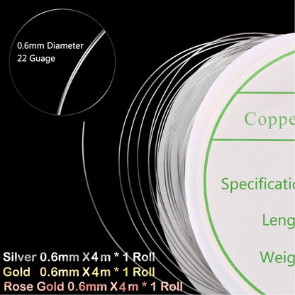 3 Pack Jewelry Wire 22 Gauge 0.6mm x 4m - Gold, Silver, Rose Gold