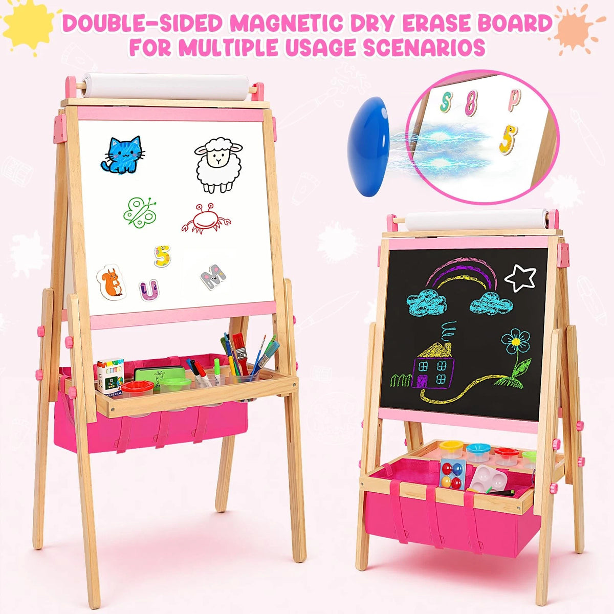 Adjustable Wood Easel for Kids with Art Supplies - Pink