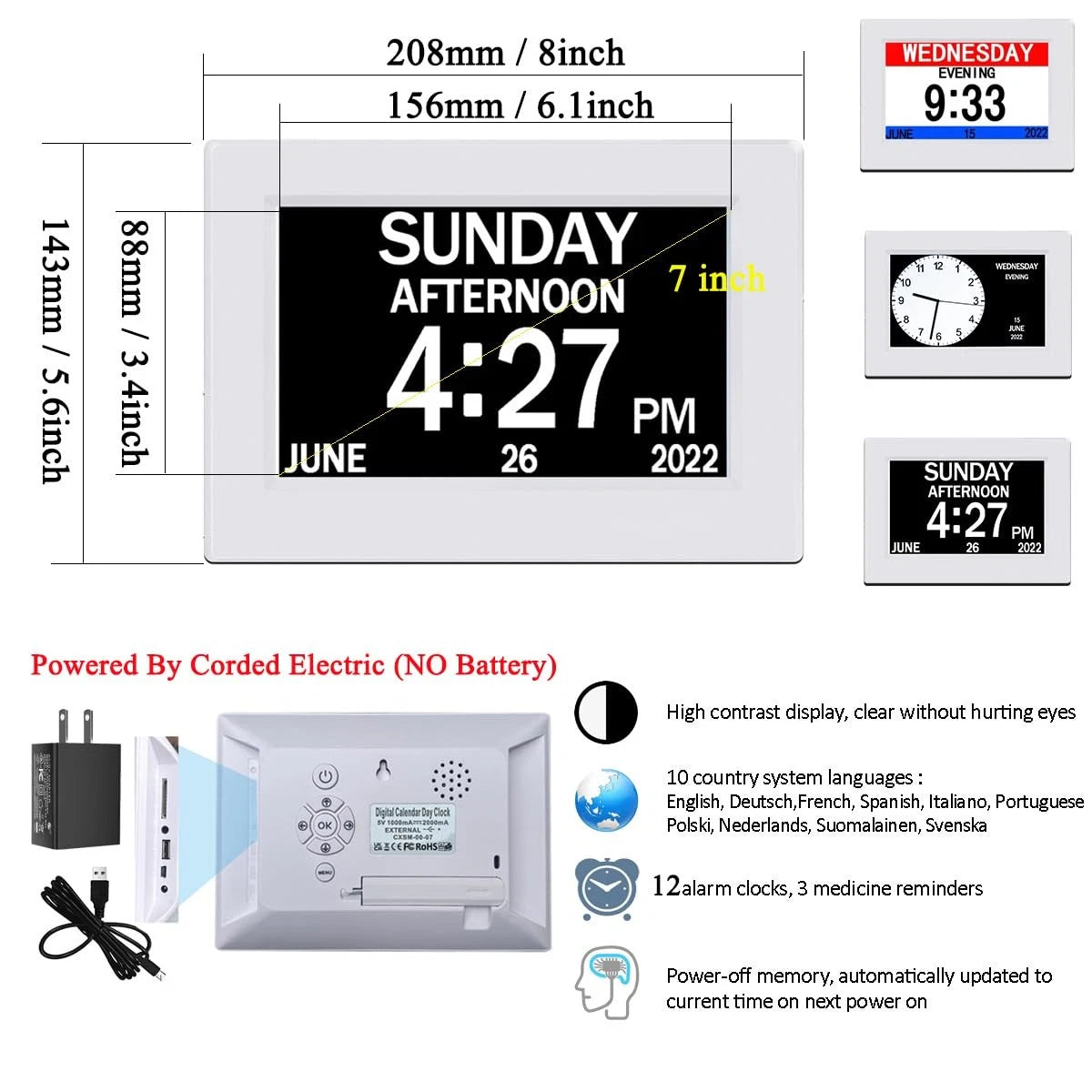 AINFTIME DST Clock with Day and Date for Elderly (3 7in White)