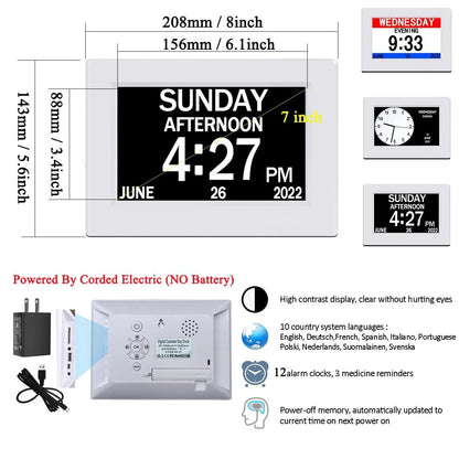AINFTIME DST Clock with Day and Date for Elderly (3 7in White)