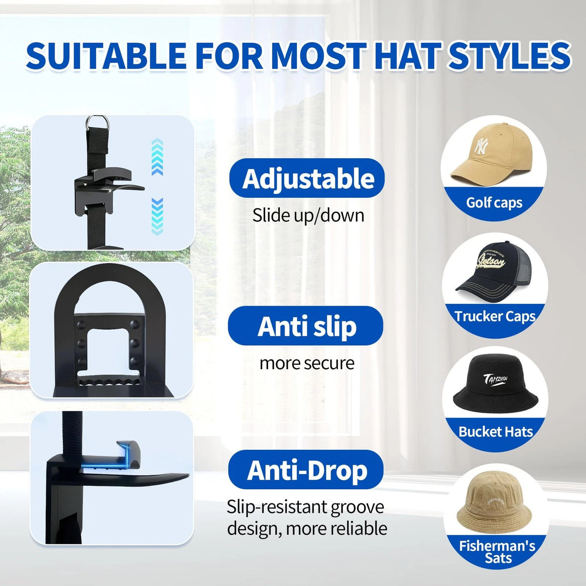 Over the Door Hat Rack for Door - 10 Hooks, Black