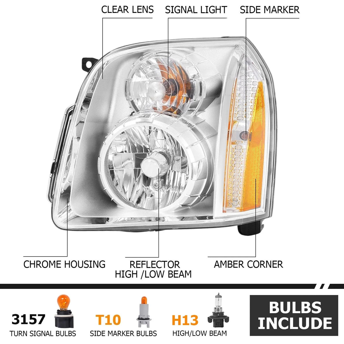 Chrome Headlights Assembly LH+RH for GMC Yukon XL 1500 2500 Denali (2007–2014)