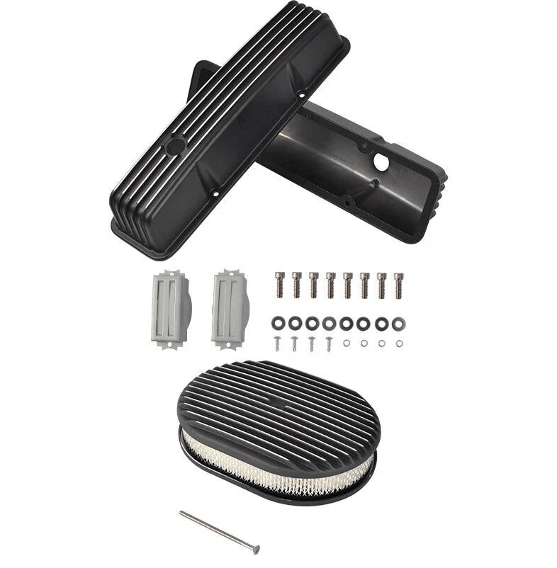 Set of 2 Tall Finned Valve Covers & 12" Oval Air Cleaner for SBC Chevy (1958–1986)
