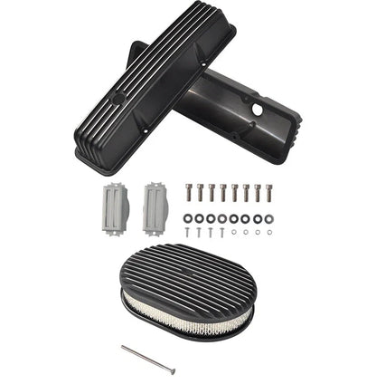 Set of 2 Tall Finned Valve Covers & 12" Oval Air Cleaner for SBC Chevy (1958–1986)