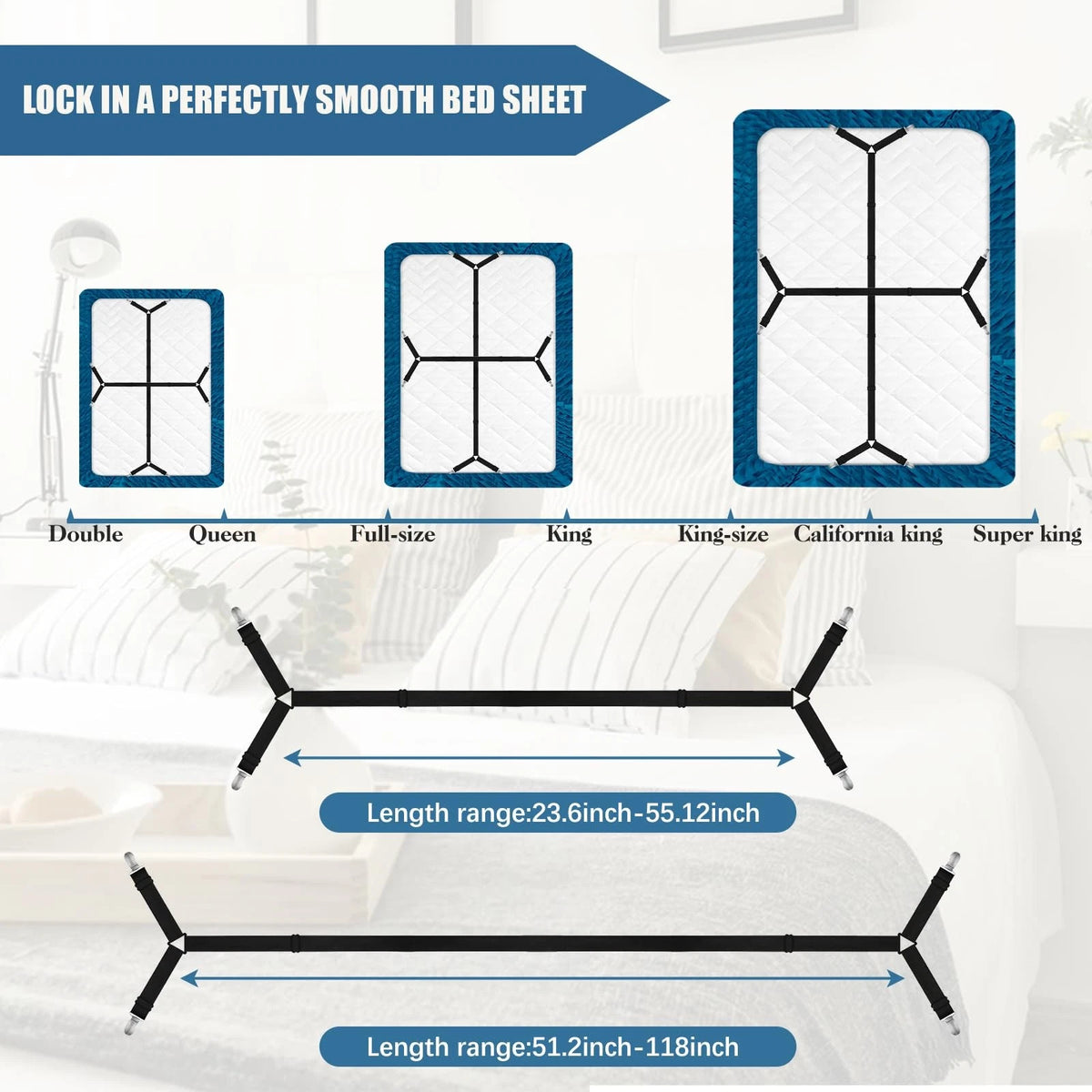 Set of 4 Bed Sheet Straps with Metal Clips - Adjustable Black