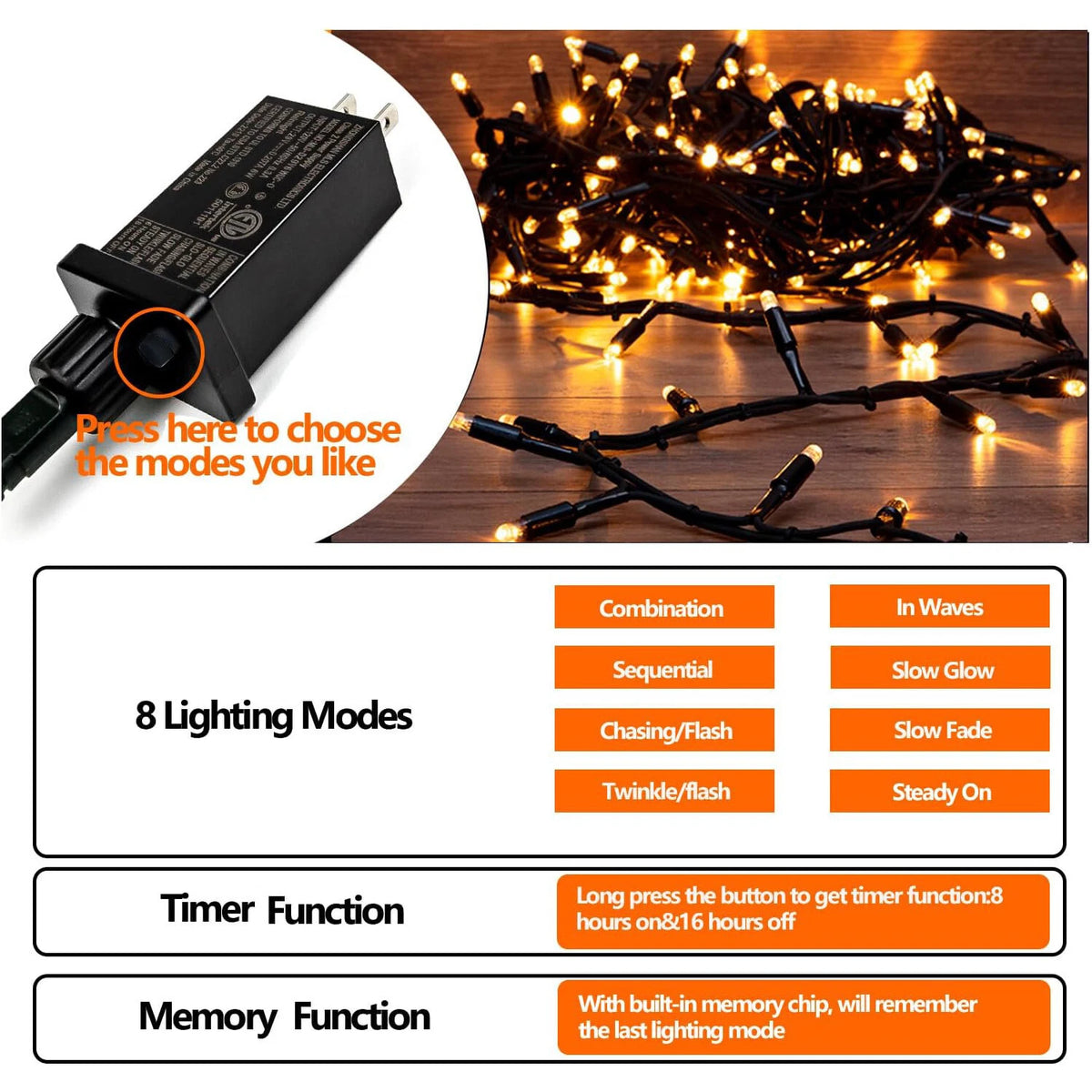 200 LED String Lights for Christmas Tree (Indoor/Outdoor)