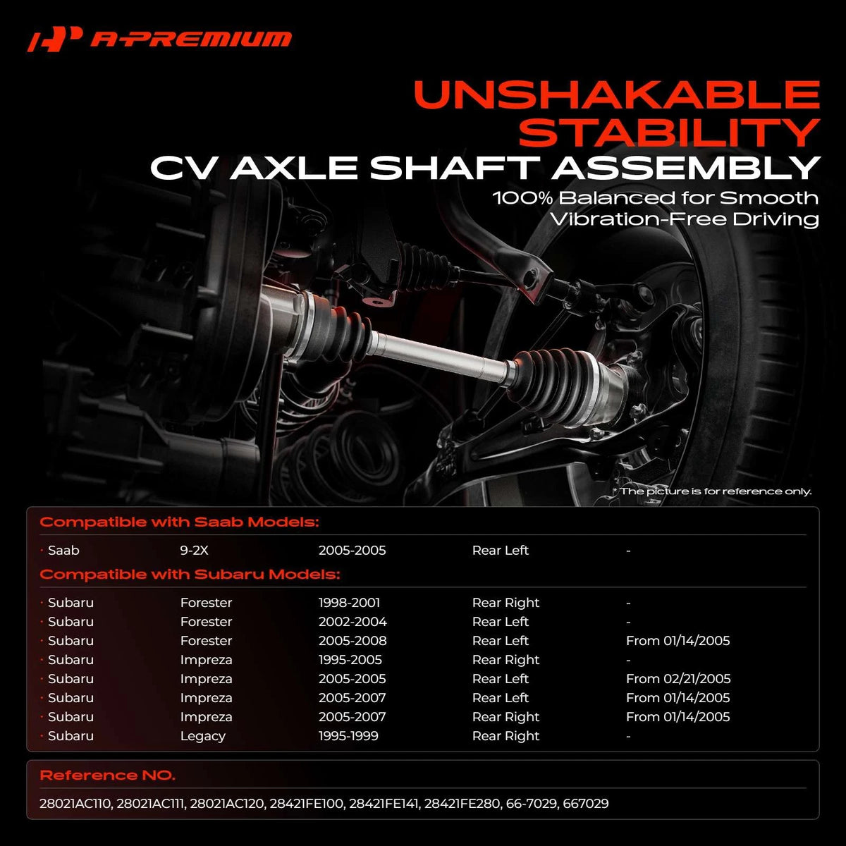 Rear CV Axle Shaft Assembly for Subaru Forester Impreza Saab 9-2X (28021AC110, 28021AC111, 28021AC120, 66-7029)