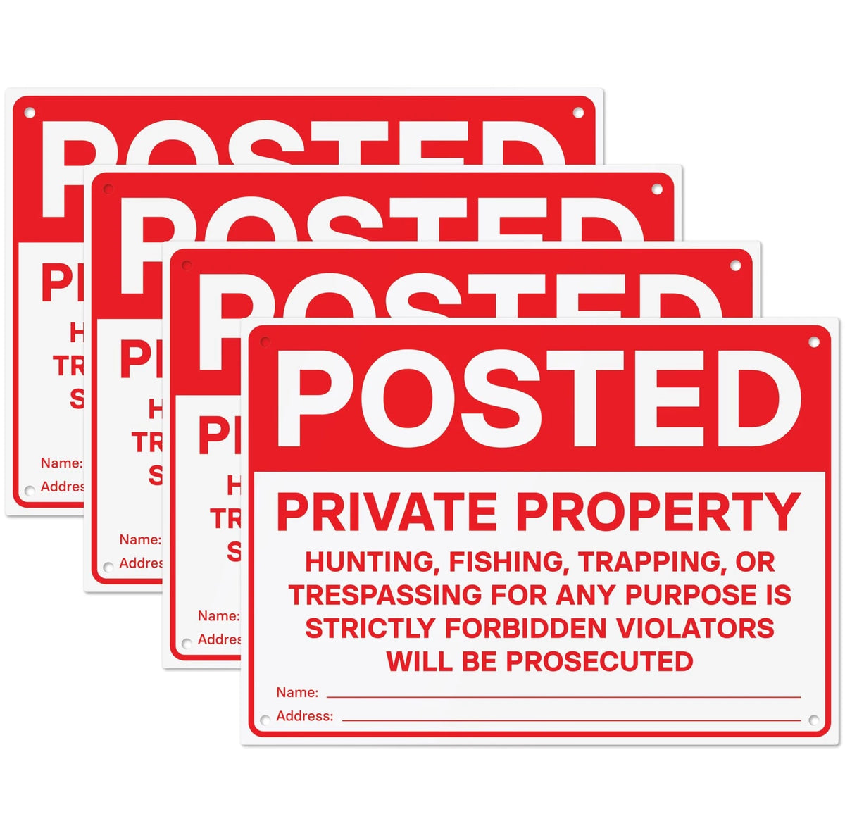 Set of 4 Posted Private Property Signs No Hunting 14" x 10", Red/White