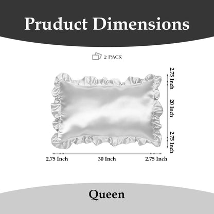Pack of 2 Ruffle Satin Pillow Cases for Queen Size (30" x 20") - White