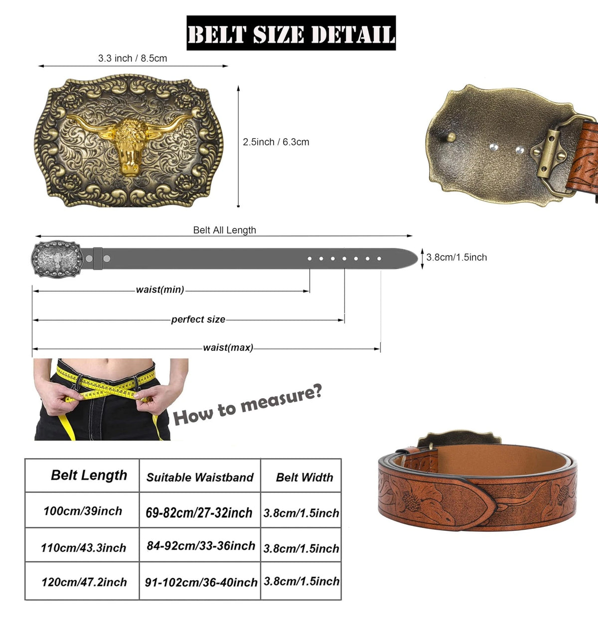 Leather Belt for Men and Women 33-36" Waist, Brown