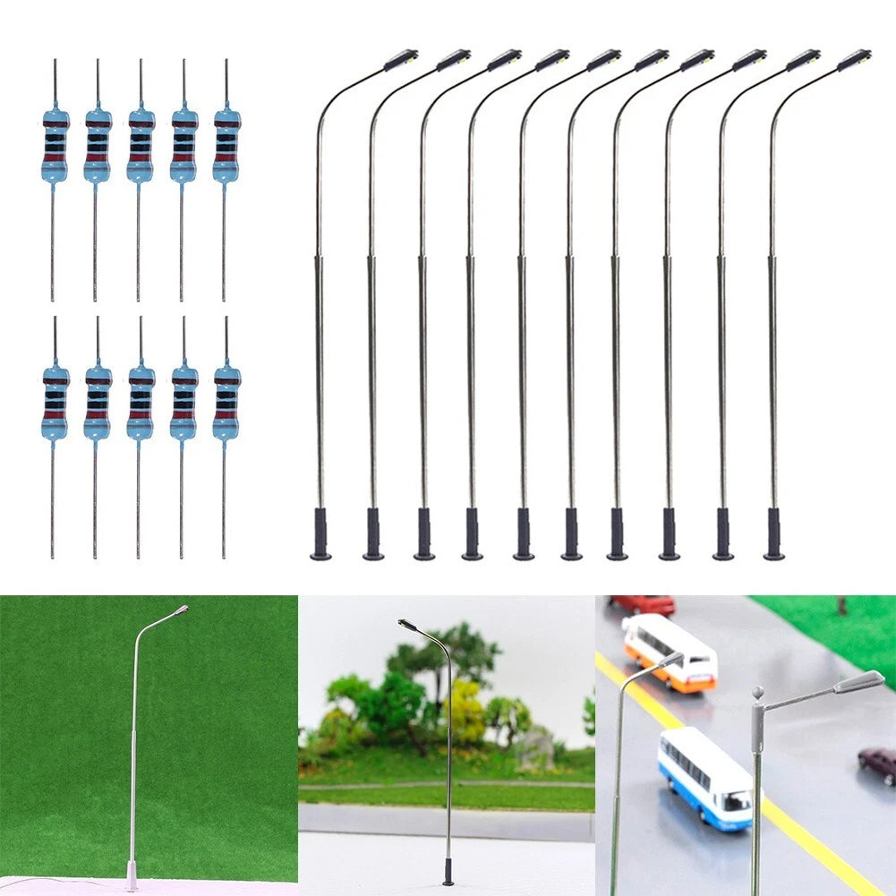 10pcs Metal Street Light Lamps for HO Scale Model Trains (1:87) Warm White LEDs
