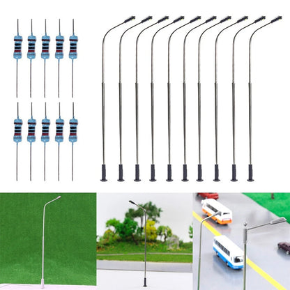 10pcs Metal Street Light Lamps for HO Scale Model Trains (1:87) Warm White LEDs