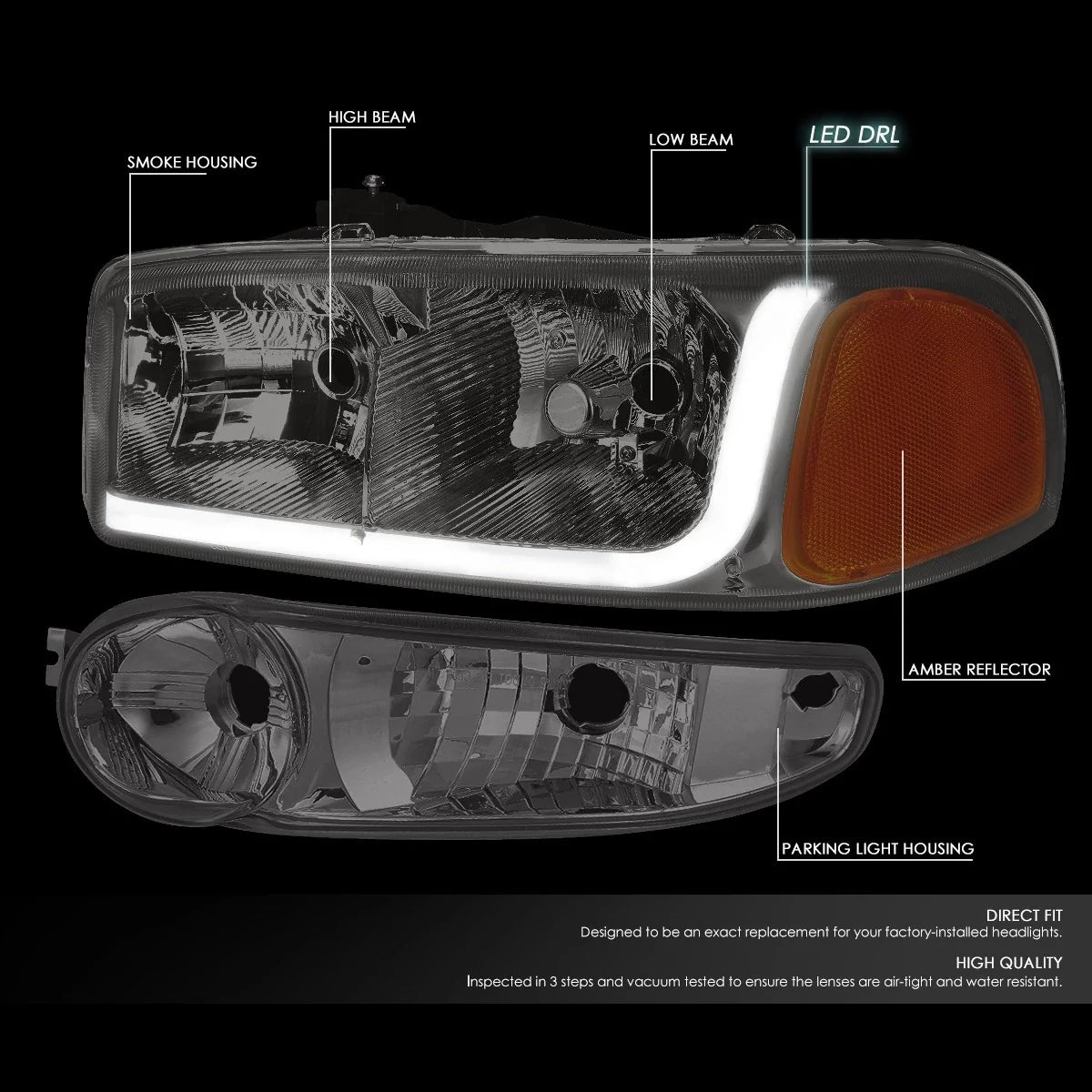 LED Tube Smoked/Amber Headlights for GMC Sierra (2001–2007)