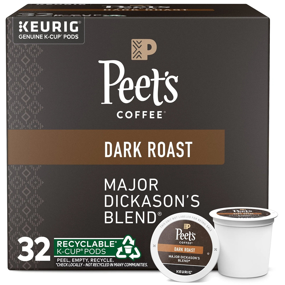 Set of 32 Peet's Coffee Dark Roast K-Cup Pods for Keurig
