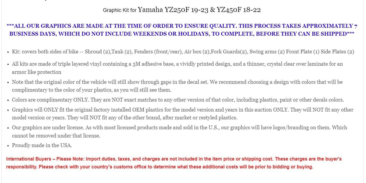 Decals Graphics Stickers for Yamaha YZ250F (2019–2023) YZ450F (2018–2022)