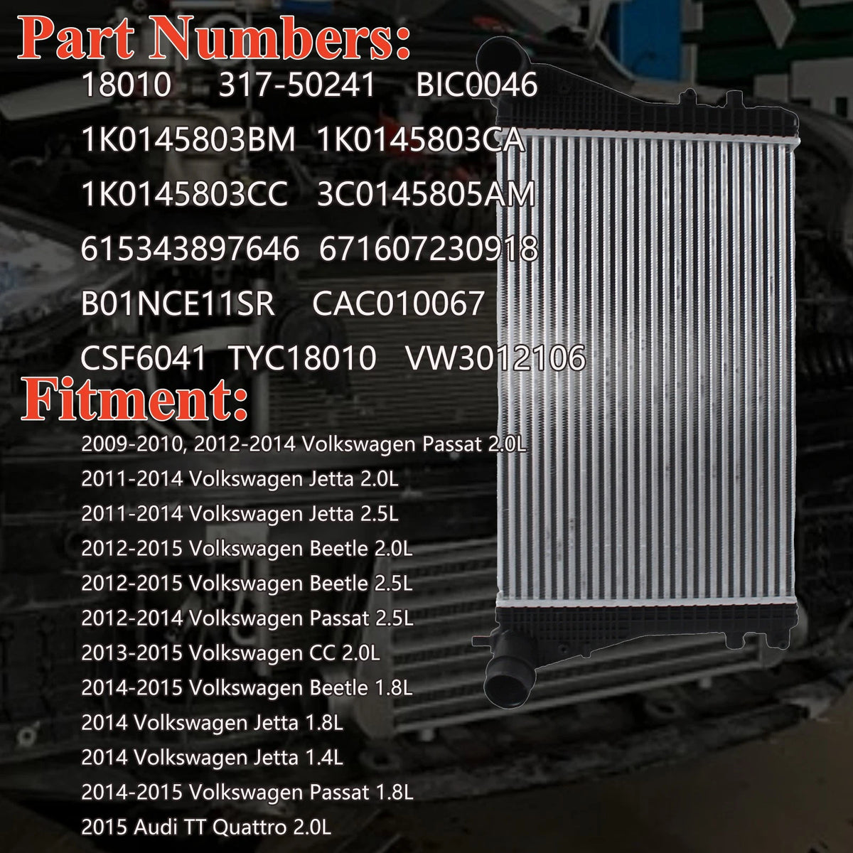 Intercooler Charge Air Cooler for VW Jetta Beetle Passat Audi (2006–2016) 1K0145803BM, 1K0145803CA, 1K0145803CC