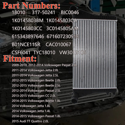 Intercooler Charge Air Cooler for VW Jetta Beetle Passat Audi (2006–2016) 1K0145803BM, 1K0145803CA, 1K0145803CC