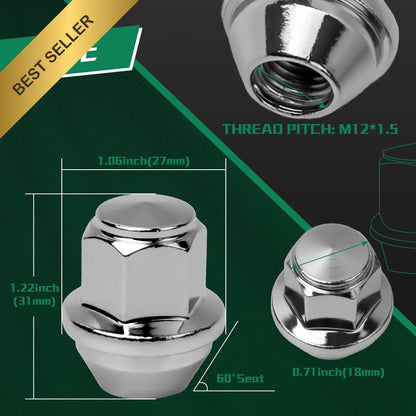 20pcs M12x1.5 Chrome Wheel Lug Nuts for Ford EcoSport Escape Focus Fusion