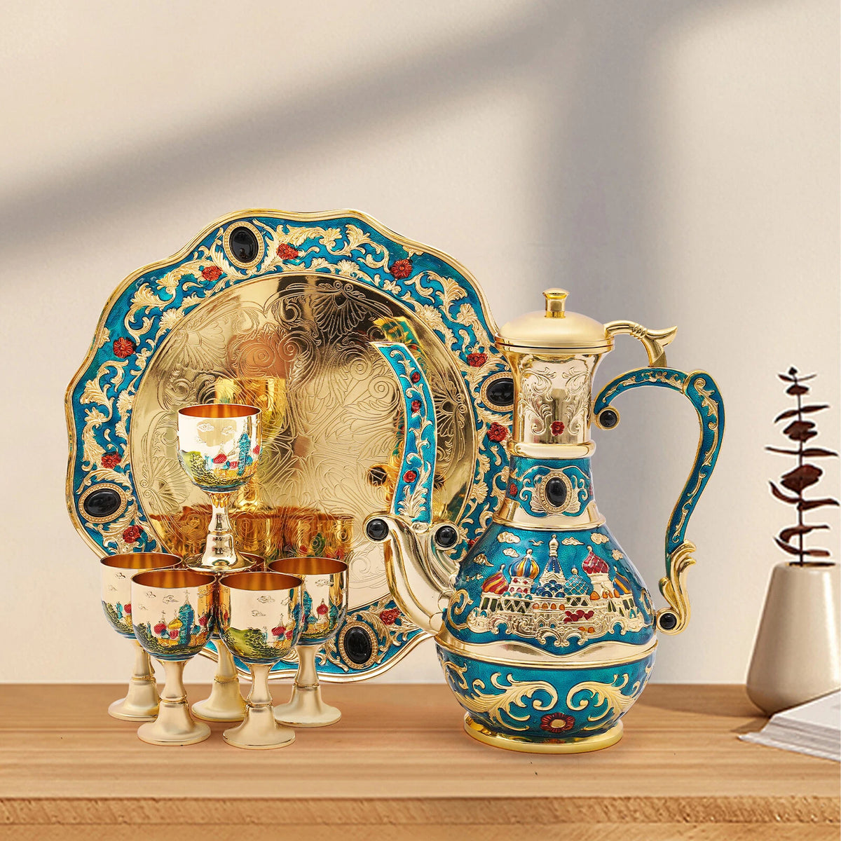 Vintage Turkish Tea Set with Pot and 6 Cups for Wedding Christmas