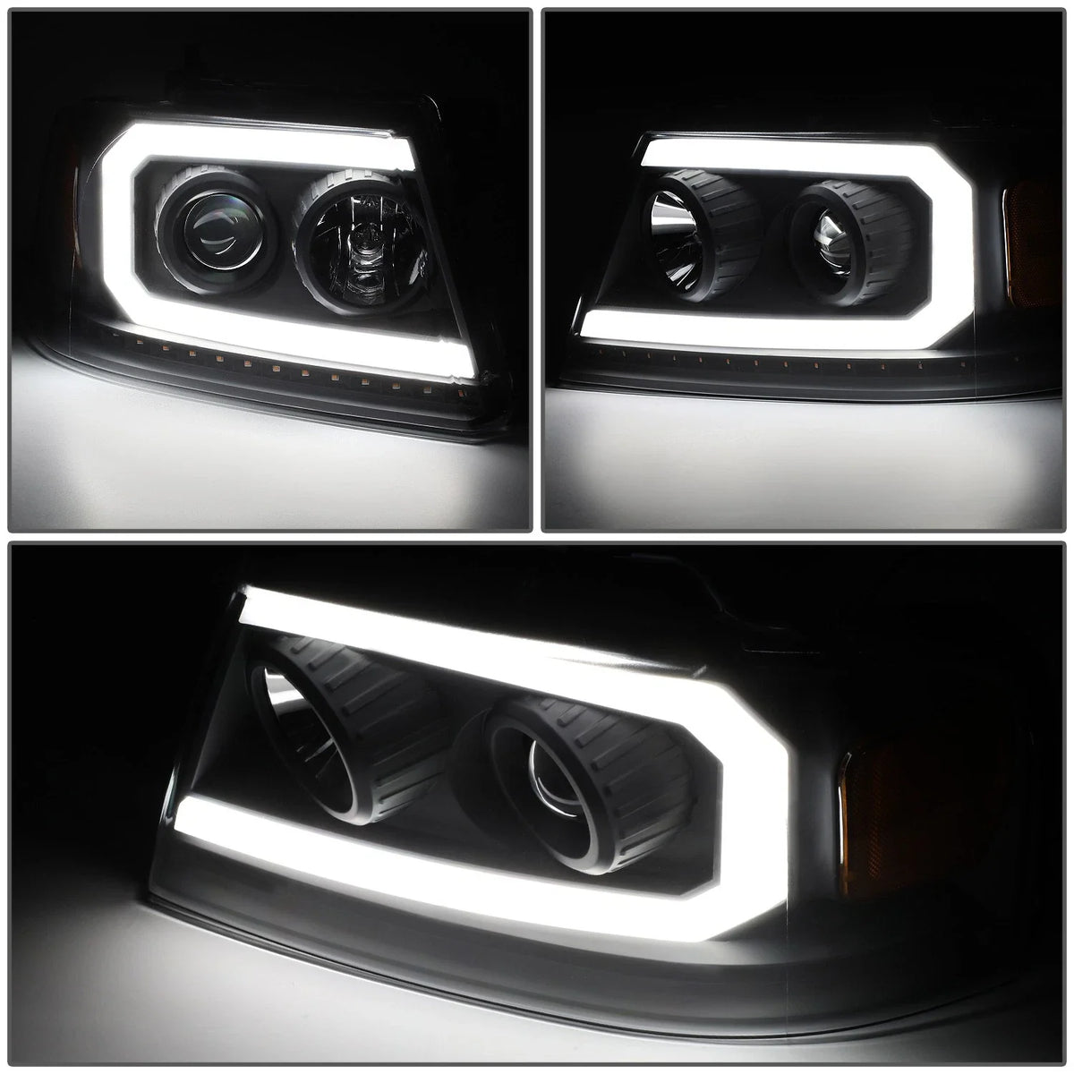 Set of 2 Black/Amber LED DRL Sequential Signal Projector Headlights for Ford F150 (2004–2008)