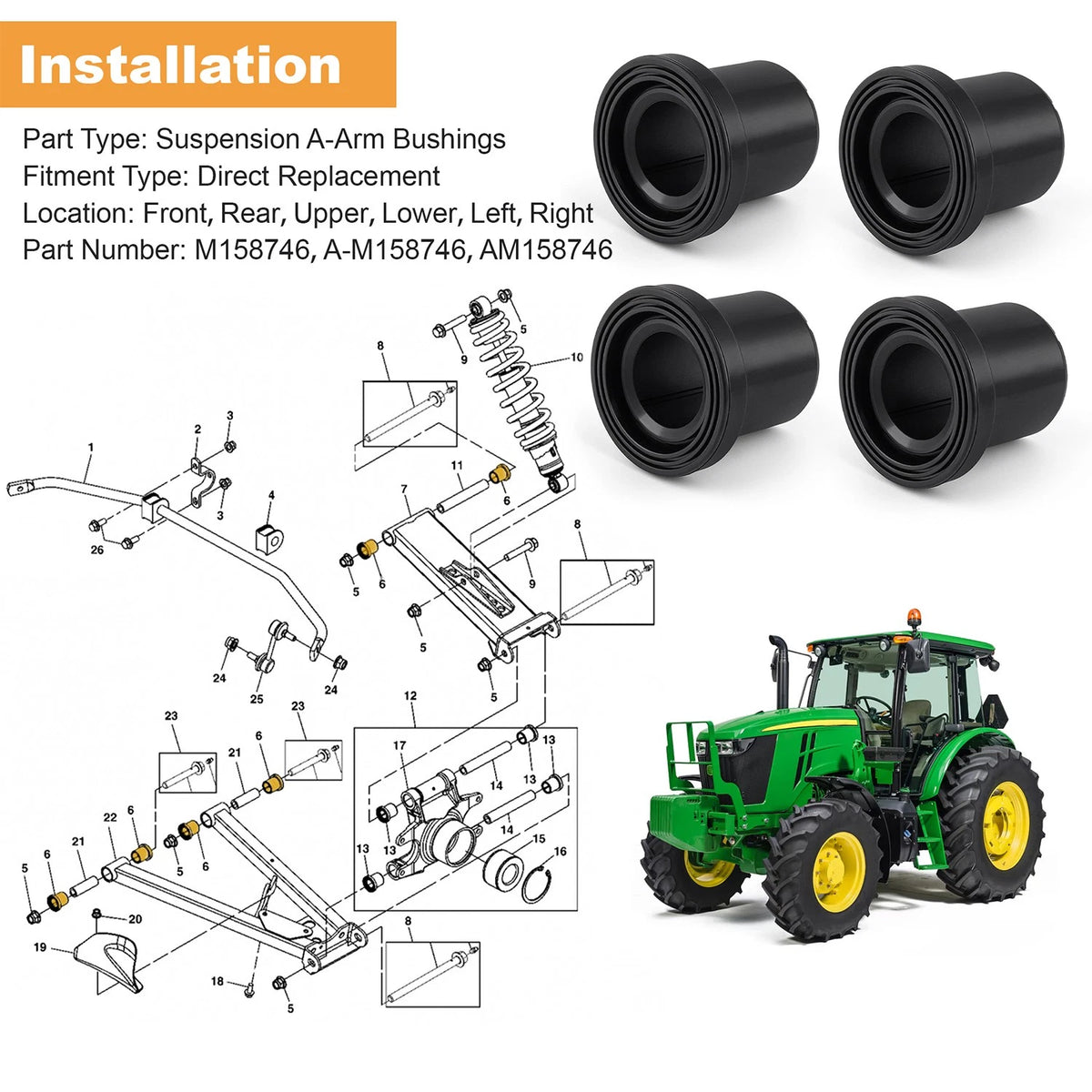 4Pcs A-Arm Bushing for John Deere Gator 625i 825i 5E 6E 6D