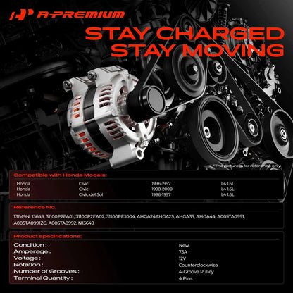 Alternator for Honda Civic, Civic del Sol (1996–2000) A005TA0991, A005TA0992