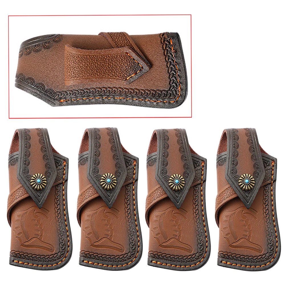 4Pcs Handmade Carved Cow Leather Sheath for Folding Knife Cover Pouch