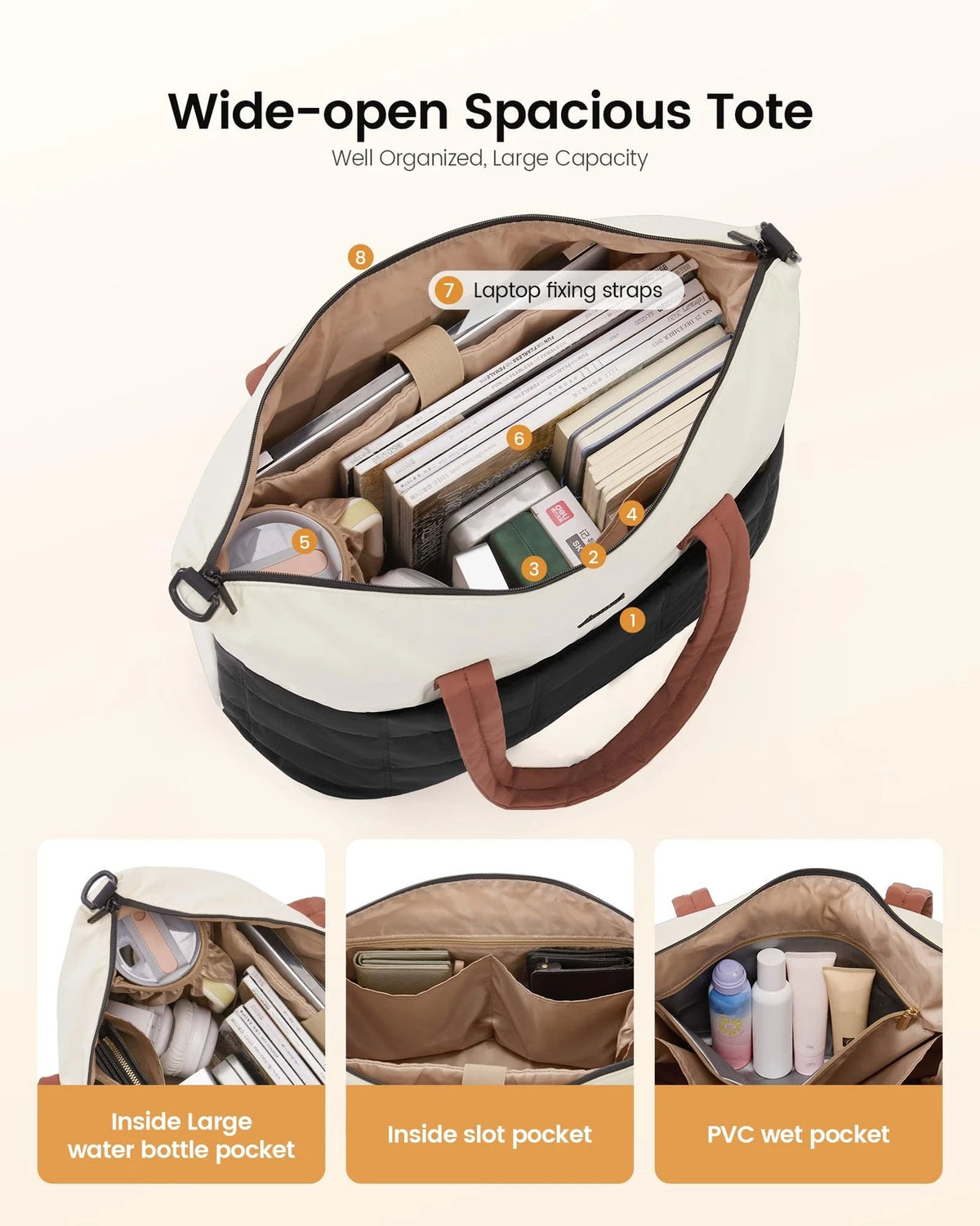 Gym Bag for Women & Men - L-Size, Beige/Black/Brown