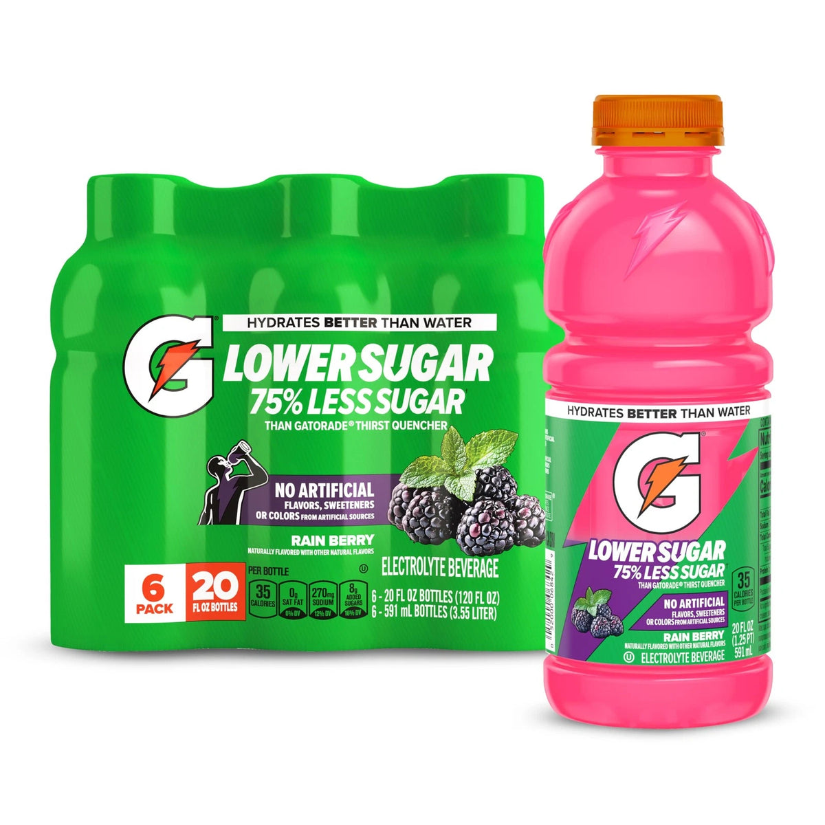 Pack of 6 Gatorade Lower Sugar Electrolyte 20 Fl Oz - Rain Berry